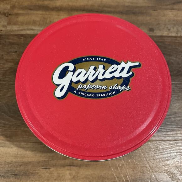 Garrett Popcorn Shops Tin Empty Pink Stripes 7" Tall 9" Diameter Chicago - Picture 2 of 13